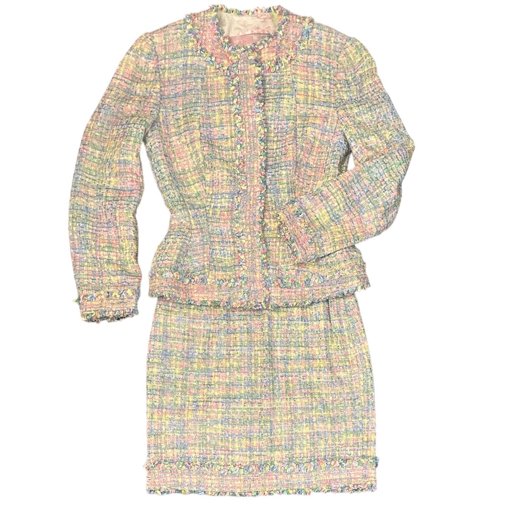 Escada Vintage Tweed Pastel Blazer And Skirt 2 Piece Suit Set